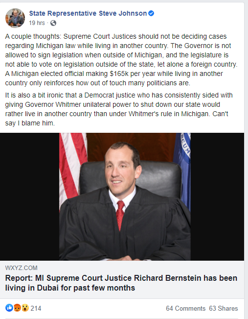 Michigan Representative Steve Johnson Calls Out Supreme Court Justice Richard Bernstein Who Lives In Dubai! - Us Against Media